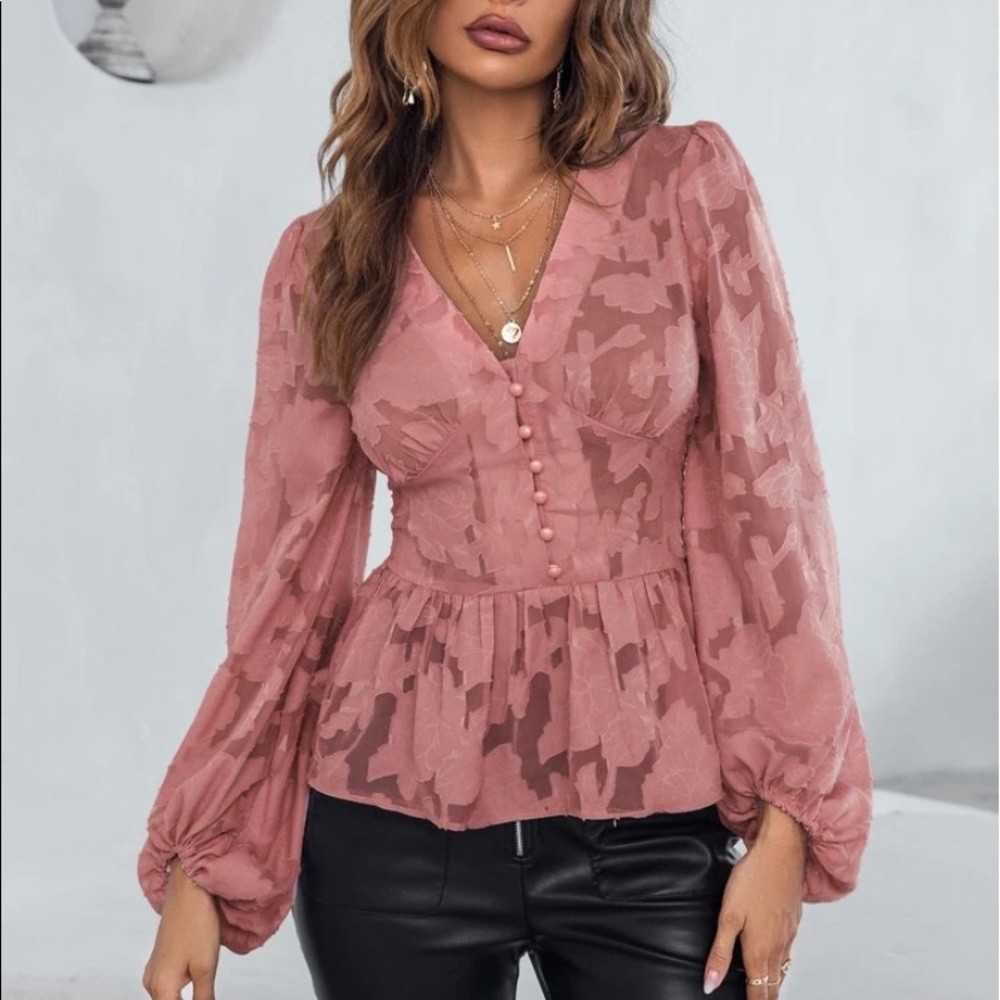 Romantic floral appliqué button detail peplum blouse redwood - Picture 1 of 16